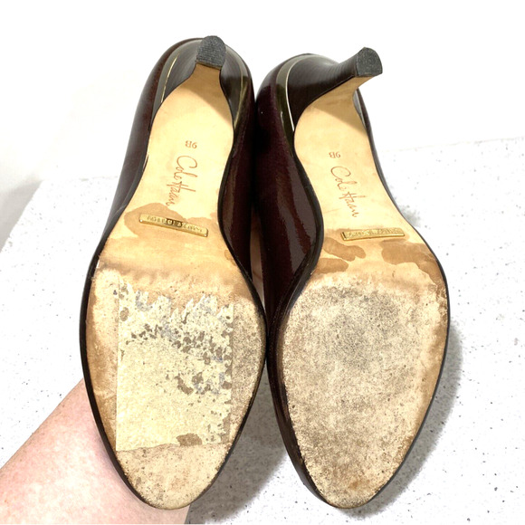 Cole Haan 9B Carma OT Air Purple Patent Metallic Leather Pump Peep Toe Shoes - Picture 11 of 12